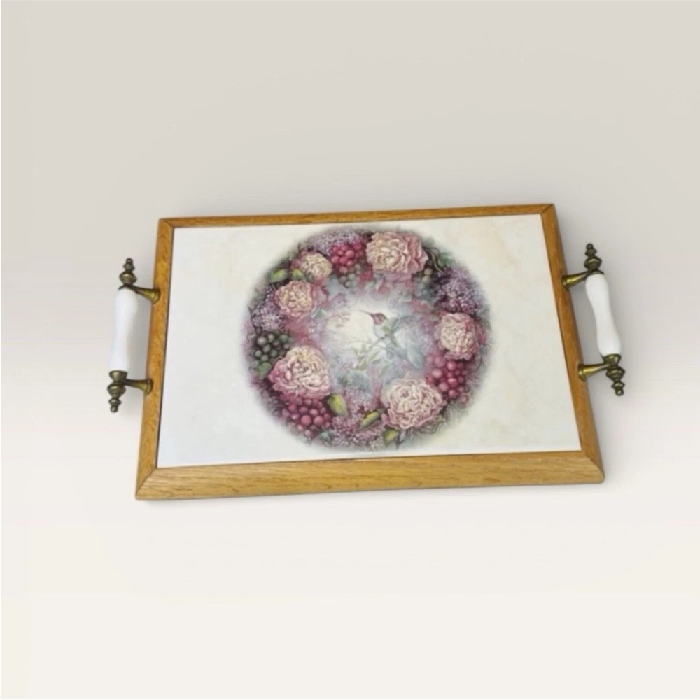 Serving Tray Ceramic Tile Floral Hummingbird Wood Frame Porcelain Handles